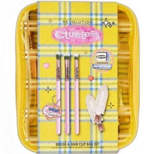 NWT Clueless 30th Anniversary Makeup Brush Set Diamante Hair Clips Yellow Pouch